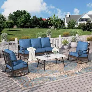 HERA'S HOUSE 4-Piece Metal Outdoor Conversation Set, 5 Seats | Black/Pacific Blue, Coffee Table, Single chairs could support up to 350lbs HERA'S HOUSE 4-Piece Metal Outdoor Conversation Set, 5 Seats | Black/Pacific Blue, Coffee Table, Single chairs could support up to 350lbs
