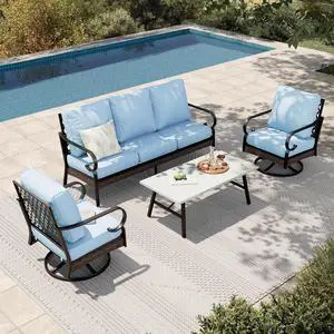 HERA'S HOUSE 4-Piece Metal Outdoor Conversation Set, 5 Seats, Black/Blue | Coffee Table, Single chairs could support up to 350lbs HERA'S HOUSE 4-Piece Metal Outdoor Conversation Set, 5 Seats, Black/Blue | Coffee Table, Single chairs could support up to 350lbs