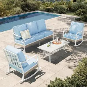 HERA'S HOUSE 4-Piece Rattan Metal Patio Conversation Set, 5-Seat, White | 2 Rocking Chairs, 1 3-Seat Sofa, Rocking Chairs, Coffee Table, All-Weather, For Garden, Deck, Backyard HERA'S HOUSE 4-Piece Rattan Metal Patio Conversation Set, 5-Seat, White | 2 Rocking Chairs, 1 3-Seat Sofa, Rocking Chairs, Coffee Table, All-Weather, For Garden, Deck, Backyard