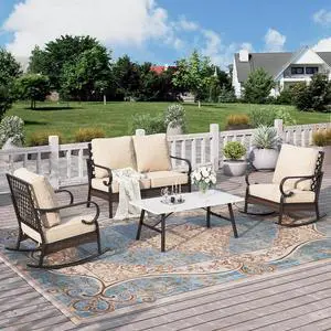 HERA'S HOUSE 4-Piece Metal Outdoor Conversation Set, 4 Seats, Black/Beige | Coffee Table, Single chairs could support up to 350lbs HERA'S HOUSE 4-Piece Metal Outdoor Conversation Set, 4 Seats, Black/Beige | Coffee Table, Single chairs could support up to 350lbs