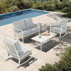 HERA'S HOUSE 4-Piece Rattan Metal Outdoor Conversation Set, 4 Seats | White/Light Gray, Coffee Table, Single chairs could support up to 350lbs HERA'S HOUSE 4-Piece Rattan Metal Outdoor Conversation Set, 4 Seats | White/Light Gray, Coffee Table, Single chairs could support up to 350lbs