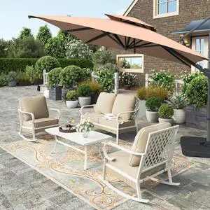 HERA'S HOUSE 4-Piece Rattan Metal Outdoor Conversation Set, 4 Seats | White/beige, Coffee Table, Single chairs could support up to 350lbs HERA'S HOUSE 4-Piece Rattan Metal Outdoor Conversation Set, 4 Seats | White/beige, Coffee Table, Single chairs could support up to 350lbs