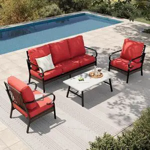 HERA'S HOUSE 4 Piece Metal Patio Furniture Set, All Weather Outdoor Conversation Set with 3 Seat Sofa, 2 x Cushioned Fixed Chair & Coffee Table, Seats 5 for Backyard, Garden, Deck, Red HERA'S HOUSE 4 Piece Metal Patio Furniture Set, All Weather Outdoor Conversation Set with 3 Seat Sofa, 2 x Cushioned Fixed Chair & Coffee Table, Seats 5 for Backyard, Garden, Deck, Red