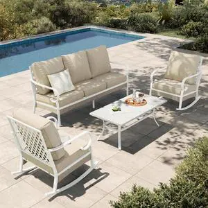 HERA'S HOUSE 4 PCS Patio Furniture Set, 2 x Rocking Cushioned Chair, Beige | Coffee Table, Single chairs could support up to 350lbs HERA'S HOUSE 4 PCS Patio Furniture Set, 2 x Rocking Cushioned Chair, Beige | Coffee Table, Single chairs could support up to 350lbs