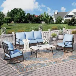 HERA'S HOUSE 4 Piece Metal Patio Furniture Set, All Weather Outdoor Conversation Set with 3 Seat Sofa, 2 Rocking Chairs & Coffee Table, Seats 5 for Backyard, Garden, Deck, Blue HERA'S HOUSE 4 Piece Metal Patio Furniture Set, All Weather Outdoor Conversation Set with 3 Seat Sofa, 2 Rocking Chairs & Coffee Table, Seats 5 for Backyard, Garden, Deck, Blue
