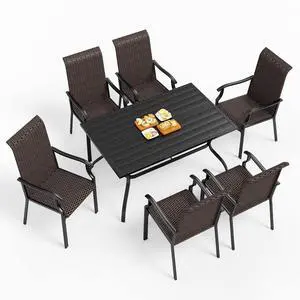 HERA'S HOUSE 7 Pieces Patio Dining Set, Outdoor Dining Set for 6, 6 x Rattan High Back Dining Chairs, 1 x Rectangular Large Surface Dining Table, for Lawn Garden Backyard Deck HERA'S HOUSE 7 Pieces Patio Dining Set, Outdoor Dining Set for 6, 6 x Rattan High Back Dining Chairs, 1 x Rectangular Large Surface Dining Table, for Lawn Garden Backyard Deck