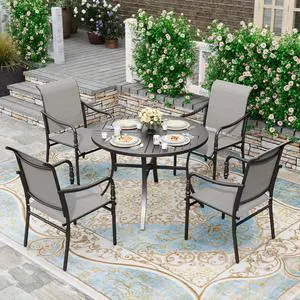 HERA'S HOUSE Patio Table and Chairs Set 5 Pieces, Outdoor Dining Sets for 4, 1 x 42 Round Metal Table, 4 x Patio Dining Chairs for Backyard Garden Deck Lawn, Grey HERA'S HOUSE Patio Table and Chairs Set 5 Pieces, Outdoor Dining Sets for 4, 1 x 42 Round Metal Table, 4 x Patio Dining Chairs for Backyard Garden Deck Lawn, Grey