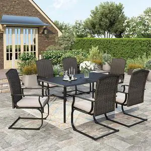 HERA'S HOUSE Outdoor Dining Table Set, 67" Rectangular Patio Table, 6 High Back C-Spring Wicker Chairs with Removable Cushion, for Patio, Deck, Yard, Porch HERA'S HOUSE Outdoor Dining Table Set, 67" Rectangular Patio Table, 6 High Back C-Spring Wicker Chairs with Removable Cushion, for Patio, Deck, Yard, Porch