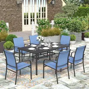HERA'S HOUSE 7pc Patio Dining Set for 6, Textilene Chairs, Blue | 64" rectangular metal table with umbrella hole. Waterproof, rust-resistant, all-weather for outdoor backyard, porch HERA'S HOUSE 7pc Patio Dining Set for 6, Textilene Chairs, Blue | 64" rectangular metal table with umbrella hole. Waterproof, rust-resistant, all-weather for outdoor backyard, porch