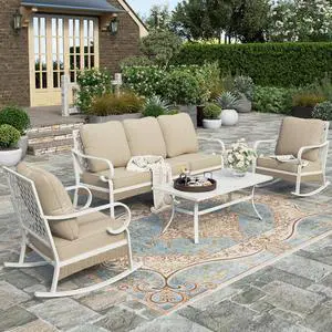 HERA'S HOUSE 4 Piece Patio Furniture Set, 2 x Rocking Cushioned Chair, 1 x 3-Seat Sofa with Marbling Coffee Table, All Weather Outdoor Conversation Set for Lawn Garden Backyard, Beige HERA'S HOUSE 4 Piece Patio Furniture Set, 2 x Rocking Cushioned Chair, 1 x 3-Seat Sofa with Marbling Coffee Table, All Weather Outdoor Conversation Set for Lawn Garden Backyard, Beige