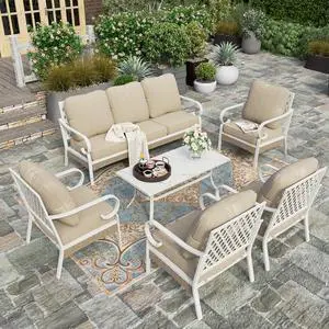 HERA'S HOUSE 6-Piece Metal Outdoor Conversation Set, 7 Seats | White Frame/beige, Coffee Table, Single chairs could support up to 350lbs HERA'S HOUSE 6-Piece Metal Outdoor Conversation Set, 7 Seats | White Frame/beige, Coffee Table, Single chairs could support up to 350lbs
