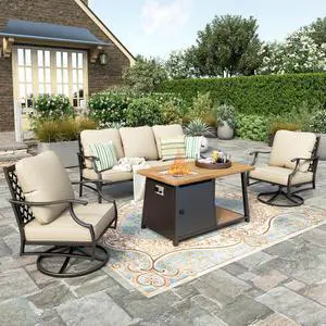 HERA'S HOUSE 4-Piece Metal Steel Outdoor Conversation Set, Fire Pit Table | 4 Pieces Set, Swivel Chairs + Wood Like Table, Single chairs could support up to 350lbs HERA'S HOUSE 4-Piece Metal Steel Outdoor Conversation Set, Fire Pit Table | 4 Pieces Set, Swivel Chairs + Wood Like Table, Single chairs could support up to 350lbs