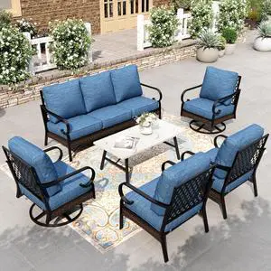 HERA'S HOUSE 6-Piece Metal Outdoor Conversation Set, 7 Seats | Black Frame/Pacific Blue, Coffee Table, Single chairs could support up to 350lbs HERA'S HOUSE 6-Piece Metal Outdoor Conversation Set, 7 Seats | Black Frame/Pacific Blue, Coffee Table, Single chairs could support up to 350lbs