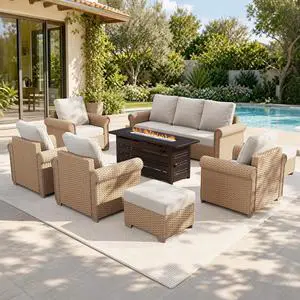 HERA'S HOUSE 8-Piece Wicker Rattan Patio Conversation Set, 9-Seat, Beige | Ottomans, All-Weather, 5.5-Inch Cushions, 57-Inch Fire Pit Table HERA'S HOUSE 8-Piece Wicker Rattan Patio Conversation Set, 9-Seat, Beige | Ottomans, All-Weather, 5.5-Inch Cushions, 57-Inch Fire Pit Table