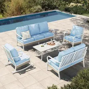 HERA'S HOUSE 5-Piece Metal Outdoor Conversation Set, 7 Seats | White Frame/blue, Coffee Table, Single chairs could support up to 350lbs HERA'S HOUSE 5-Piece Metal Outdoor Conversation Set, 7 Seats | White Frame/blue, Coffee Table, Single chairs could support up to 350lbs