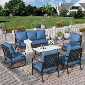 HERA'S HOUSE 6-Piece Metal Outdoor Conversation Set, 7 Seats | Black Frame/Pacific Blue, Coffee Table, Rocking Chair, Single chairs could support up to 350lbs HERA'S HOUSE 6-Piece Metal Outdoor Conversation Set, 7 Seats | Black Frame/Pacific Blue, Coffee Table, Rocking Chair, Single chairs could support up to 350lbs