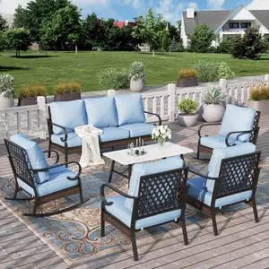 HERA'S HOUSE 6-Piece Metal Outdoor Conversation Set, 7 Seats | Black Frame/blue, Coffee Table, Rocking Chair, Single chairs could support up to 350lbs HERA'S HOUSE 6-Piece Metal Outdoor Conversation Set, 7 Seats | Black Frame/blue, Coffee Table, Rocking Chair, Single chairs could support up to 350lbs