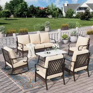 HERA'S HOUSE 6-Piece Metal Outdoor Conversation Set, 7 Seats | Black Frame/beige, Coffee Table, Rocking Chair, Single chairs could support up to 350lbs HERA'S HOUSE 6-Piece Metal Outdoor Conversation Set, 7 Seats | Black Frame/beige, Coffee Table, Rocking Chair, Single chairs could support up to 350lbs