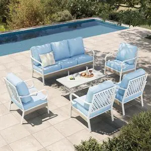 HERA'S HOUSE 6-Piece Metal Outdoor Conversation Set, 7 Seats | White Frame/blue, Coffee Table, Single chairs could support up to 350lbs, Modren HERA'S HOUSE 6-Piece Metal Outdoor Conversation Set, 7 Seats | White Frame/blue, Coffee Table, Single chairs could support up to 350lbs, Modren