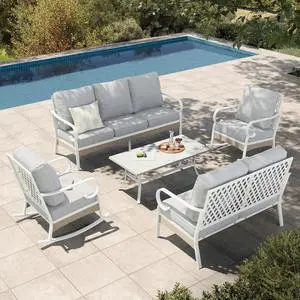 HERA'S HOUSE 5-Piece Metal Outdoor Conversation Set, 7 Seats | White Frame/Light Gray, Coffee Table, Single chairs could support up to 350lbs HERA'S HOUSE 5-Piece Metal Outdoor Conversation Set, 7 Seats | White Frame/Light Gray, Coffee Table, Single chairs could support up to 350lbs