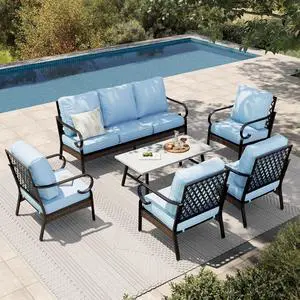 HERA'S HOUSE 6-Piece Metal Outdoor Conversation Set, 7 Seats | Black Frame/blue, Coffee Table, Single chairs could support up to 350lbs HERA'S HOUSE 6-Piece Metal Outdoor Conversation Set, 7 Seats | Black Frame/blue, Coffee Table, Single chairs could support up to 350lbs
