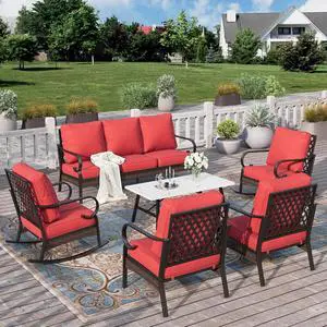 HERA'S HOUSE 6 Piece Metal Patio Furniture Set, All Weather Outdoor Conversation Set with 3-Seat Sofa, 2 Rocking Chairs, 2 Fixed Chairs & Coffee Table, 7 Seats for Backyard, Garden, Deck, Red HERA'S HOUSE 6 Piece Metal Patio Furniture Set, All Weather Outdoor Conversation Set with 3-Seat Sofa, 2 Rocking Chairs, 2 Fixed Chairs & Coffee Table, 7 Seats for Backyard, Garden, Deck, Red