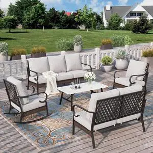 HERA'S HOUSE 5-Piece Metal Outdoor Conversation Set, 7 Seats | Black Frame/Light Gray, Coffee Table, Single chairs could support up to 350lbs HERA'S HOUSE 5-Piece Metal Outdoor Conversation Set, 7 Seats | Black Frame/Light Gray, Coffee Table, Single chairs could support up to 350lbs