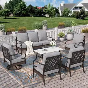 HERA'S HOUSE 6-Piece Metal Outdoor Conversation Set, 7 Seats | Black Frame/Gray, Coffee Table, Single chairs could support up to 350lbs HERA'S HOUSE 6-Piece Metal Outdoor Conversation Set, 7 Seats | Black Frame/Gray, Coffee Table, Single chairs could support up to 350lbs