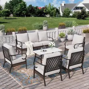 HERA'S HOUSE 6-Piece Metal Outdoor Conversation Set, 7 Seats | Black Frame/Light Gray, Coffee Table, Single chairs could support up to 350lbs HERA'S HOUSE 6-Piece Metal Outdoor Conversation Set, 7 Seats | Black Frame/Light Gray, Coffee Table, Single chairs could support up to 350lbs