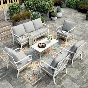 HERA'S HOUSE 6-Piece Metal Outdoor Conversation Set, 7 Seats | White Frame/Light Gray, Coffee Table, Single chairs could support up to 350lbs HERA'S HOUSE 6-Piece Metal Outdoor Conversation Set, 7 Seats | White Frame/Light Gray, Coffee Table, Single chairs could support up to 350lbs