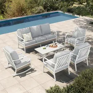 HERA'S HOUSE 6-Piece Metal Outdoor Conversation Set, 7 Seats | White Frame/Light Gray, Coffee Table, Rocking Chair, Single chairs could support up to 350lbs HERA'S HOUSE 6-Piece Metal Outdoor Conversation Set, 7 Seats | White Frame/Light Gray, Coffee Table, Rocking Chair, Single chairs could support up to 350lbs