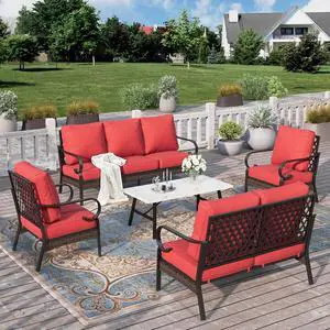 HERA'S HOUSE 5 Piece Metal Patio Furniture Set, 7 Seats All Weather Outdoor Conversation Set, 3 Seat Sofa with Loveseat, 2 Fixed Chairs, Coffee Table for Backyard, Garden, Deck, Red HERA'S HOUSE 5 Piece Metal Patio Furniture Set, 7 Seats All Weather Outdoor Conversation Set, 3 Seat Sofa with Loveseat, 2 Fixed Chairs, Coffee Table for Backyard, Garden, Deck, Red