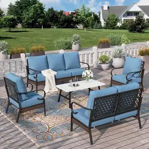 HERA'S HOUSE 5-Piece Metal Outdoor Conversation Set, 7 Seats | Black Frame/Navy Blue, Coffee Table, Single chairs could support up to 350lbs HERA'S HOUSE 5-Piece Metal Outdoor Conversation Set, 7 Seats | Black Frame/Navy Blue, Coffee Table, Single chairs could support up to 350lbs