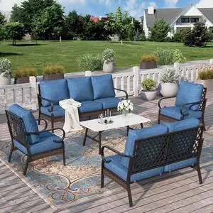 HERA'S HOUSE 5-Piece Metal Outdoor Conversation Set, 7 Seats | Black Frame/Pacific Blue, Coffee Table, Single chairs could support up to 350lbs HERA'S HOUSE 5-Piece Metal Outdoor Conversation Set, 7 Seats | Black Frame/Pacific Blue, Coffee Table, Single chairs could support up to 350lbs