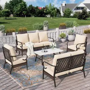 HERA'S HOUSE 5-Piece Metal Outdoor Conversation Set, 7 Seats | Black Frame/beige, Coffee Table, Single chairs could support up to 350lbs HERA'S HOUSE 5-Piece Metal Outdoor Conversation Set, 7 Seats | Black Frame/beige, Coffee Table, Single chairs could support up to 350lbs