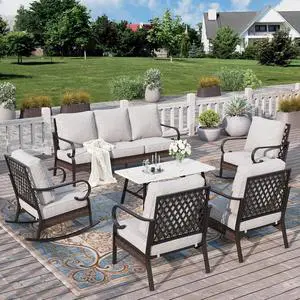 HERA'S HOUSE 6-Piece Metal Outdoor Conversation Set, 7 Seats | Black Frame/Light Gray, Coffee Table, Rocking Chair, Single chairs could support up to 350lbs HERA'S HOUSE 6-Piece Metal Outdoor Conversation Set, 7 Seats | Black Frame/Light Gray, Coffee Table, Rocking Chair, Single chairs could support up to 350lbs