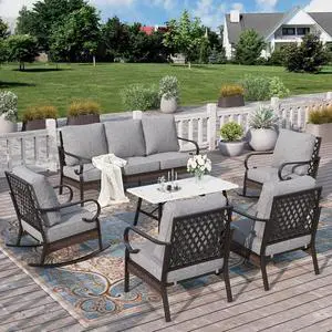 HERA'S HOUSE 6-Piece Rattan Wrought Iron Patio Conversation Set, 7 Seats | Black Frame/Gray, Coffee Table, Rocking Chair, Single chairs could support up to 350lbs HERA'S HOUSE 6-Piece Rattan Wrought Iron Patio Conversation Set, 7 Seats | Black Frame/Gray, Coffee Table, Rocking Chair, Single chairs could support up to 350lbs