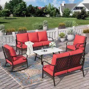HERA'S HOUSE 5 Piece Metal Patio Furniture Set, 7 Seats All Weather Outdoor Conversation Set, 3 Seat Sofa with Loveseat, 2 Rocking Chairs, Coffee Table for Backyard, Garden, Deck, Red HERA'S HOUSE 5 Piece Metal Patio Furniture Set, 7 Seats All Weather Outdoor Conversation Set, 3 Seat Sofa with Loveseat, 2 Rocking Chairs, Coffee Table for Backyard, Garden, Deck, Red