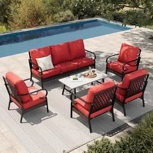 HERA'S HOUSE 6 Piece Metal Patio Furniture Set, All Weather Outdoor Conversation Set with 3-Seat Sofa, 4 Fixed Chairs & Coffee Table, 7 Seats for Backyard, Garden, Deck, Red HERA'S HOUSE 6 Piece Metal Patio Furniture Set, All Weather Outdoor Conversation Set with 3-Seat Sofa, 4 Fixed Chairs & Coffee Table, 7 Seats for Backyard, Garden, Deck, Red