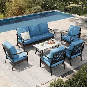 HERA'S HOUSE 6-Piece Metal Outdoor Conversation Set, 7 Seats | Black Frame/Navy Blue, Coffee Table, Single chairs could support up to 350lbs HERA'S HOUSE 6-Piece Metal Outdoor Conversation Set, 7 Seats | Black Frame/Navy Blue, Coffee Table, Single chairs could support up to 350lbs