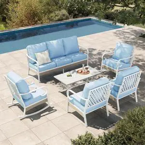 HERA'S HOUSE 6-Piece Metal Outdoor Conversation Set, 7 Seats | White Frame/blue, Coffee Table, Rocking Chair, Single chairs could support up to 350lbs HERA'S HOUSE 6-Piece Metal Outdoor Conversation Set, 7 Seats | White Frame/blue, Coffee Table, Rocking Chair, Single chairs could support up to 350lbs