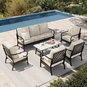 HERA'S HOUSE 6-Piece Metal Outdoor Conversation Set, 7 Seats | Black Frame/beige, Coffee Table, Single chairs could support up to 350lbs HERA'S HOUSE 6-Piece Metal Outdoor Conversation Set, 7 Seats | Black Frame/beige, Coffee Table, Single chairs could support up to 350lbs