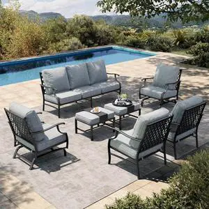 HERA'S HOUSE 7-Piece Metal Patio Conversation Set, 7-Seat, Swivel Chairs | Grey, 2 Swivel Chairs, 2 Chairs, 2 Ottomans, 1 3-Seat Sofa, Ottomans, For Garden, Backyard HERA'S HOUSE 7-Piece Metal Patio Conversation Set, 7-Seat, Swivel Chairs | Grey, 2 Swivel Chairs, 2 Chairs, 2 Ottomans, 1 3-Seat Sofa, Ottomans, For Garden, Backyard