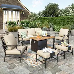 HERA'S HOUSE 6 PCS Patio Furniture Set with Fire Pit Table, 2 x Ottoman | 6 PCS Set Size, Leg Chairs + Ottoman + Wood Like Table Color, Modern Style, CUSHIONED CHAIRS AND SOFA FOR UPGRADED COMFORT5 HERA'S HOUSE 6 PCS Patio Furniture Set with Fire Pit Table, 2 x Ottoman | 6 PCS Set Size, Leg Chairs + Ottoman + Wood Like Table Color, Modern Style, CUSHIONED CHAIRS AND SOFA FOR UPGRADED COMFORT5
