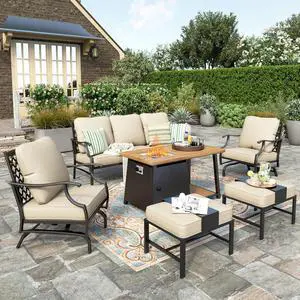 HERA'S HOUSE 6 PCS Patio Furniture Set with Fire Pit Table, 2 x Ottoman | 6 PCS Set Size, Rocking Chairs + Ottoman + Wood Like Table Color, Modern Style HERA'S HOUSE 6 PCS Patio Furniture Set with Fire Pit Table, 2 x Ottoman | 6 PCS Set Size, Rocking Chairs + Ottoman + Wood Like Table Color, Modern Style