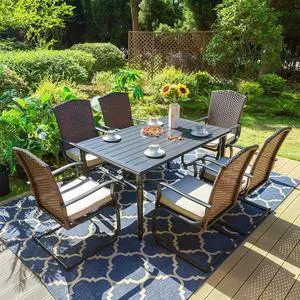 HERA'S HOUSE 7 Pieces Patio Dining Set, Outdoor Furniture Set for 6, 6 x Rattan C-Spring Dining Chair, 1 x 60 Rectangular Metal Dining Table, All Weather Resistant for Lawn Garden Backyard Deck HERA'S HOUSE 7 Pieces Patio Dining Set, Outdoor Furniture Set for 6, 6 x Rattan C-Spring Dining Chair, 1 x 60 Rectangular Metal Dining Table, All Weather Resistant for Lawn Garden Backyard Deck
