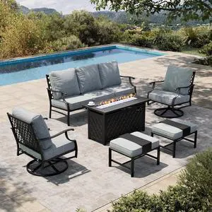 HERA'S HOUSE 6-Piece Metal Steel Outdoor Conversation Set, Fire Pit Table | 7 Seats, Gray, Single chairs could support up to 350lbs HERA'S HOUSE 6-Piece Metal Steel Outdoor Conversation Set, Fire Pit Table | 7 Seats, Gray, Single chairs could support up to 350lbs