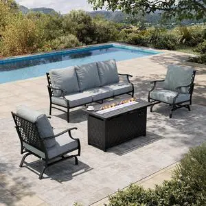 HERA'S HOUSE 4-Piece Metal Steel Outdoor Conversation Set, Fire Pit Table | 5 Seats, Gray, Rocking chair, Single chairs could support up to 350lbs HERA'S HOUSE 4-Piece Metal Steel Outdoor Conversation Set, Fire Pit Table | 5 Seats, Gray, Rocking chair, Single chairs could support up to 350lbs