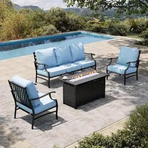 HERA'S HOUSE 4 Pieces Patio Fire Pit Furniture Set, | 2 x Single Chair, 3-Seat Sofa with 45" Fire Pit Table, Outdoor Conversation Set for Garden, Poolside, Backyard, Blue HERA'S HOUSE 4 Pieces Patio Fire Pit Furniture Set, | 2 x Single Chair, 3-Seat Sofa with 45" Fire Pit Table, Outdoor Conversation Set for Garden, Poolside, Backyard, Blue