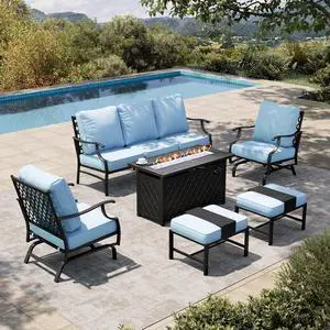 HERA'S HOUSE 6-Piece Metal Steel Outdoor Conversation Set, Fire Pit Table | 7 Seats, Blue, Rocking chair, Single chairs could support up to 350lbs HERA'S HOUSE 6-Piece Metal Steel Outdoor Conversation Set, Fire Pit Table | 7 Seats, Blue, Rocking chair, Single chairs could support up to 350lbs